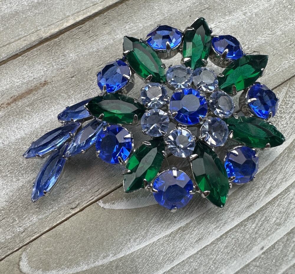 Vintage Blue Green Rhinestone Floral Cluster Brooch Silver Tone Statement Pin